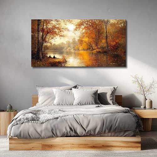 FUHAIHUA Canvas Wall Art For Living Room Large Wall Decor For Bedroom Aesthetics Office Wall Decoration Saffron Yellow Tree Landscape Painting Forest Picture Artwork Ready To Hang Home Decor 24"X48"