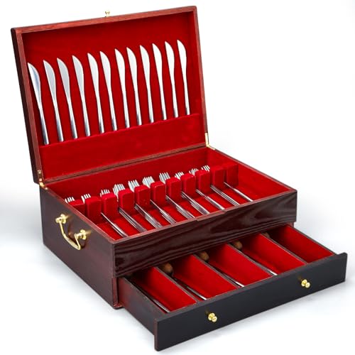 Vercraft Silverware Storage Box with Pull out Drawer Wooden Anti Tarnish Flatware Storage Chest Large Cutlery Knife Organizer Decorative Case for Utensils(15.75 x 11.81 x 6.3 Inch,2 Layer)