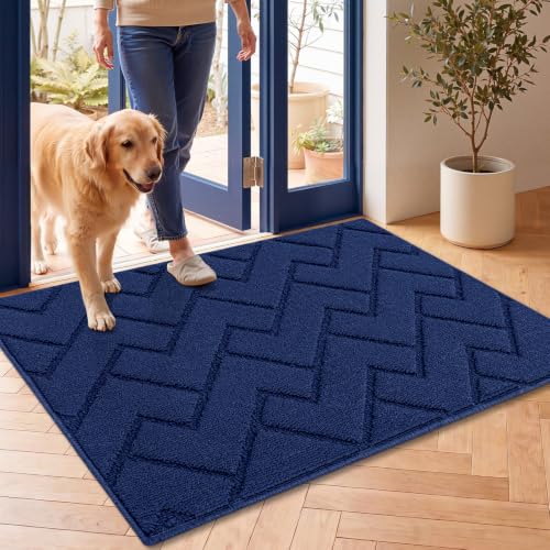 Image of hicorfe Door Mat Indoor Entrance,24 inchx35 inch Non Slip Welcome Mat,TPR Backing Dirt Trapper Front Door Mat,Washable Floor Mats,Low-Profile Indoor Door Mats for Entryway,Entrance,Hallway,Laundry(Navy Blue)