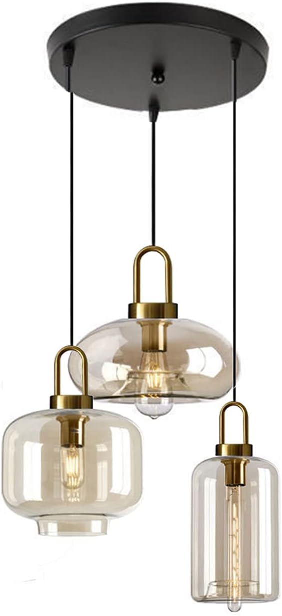 Amber Pendant Light Fixtures Pendant Lighting for Kitchen Island E26 Glass Lamp Shade for Dining Room Living Room (3-Light)