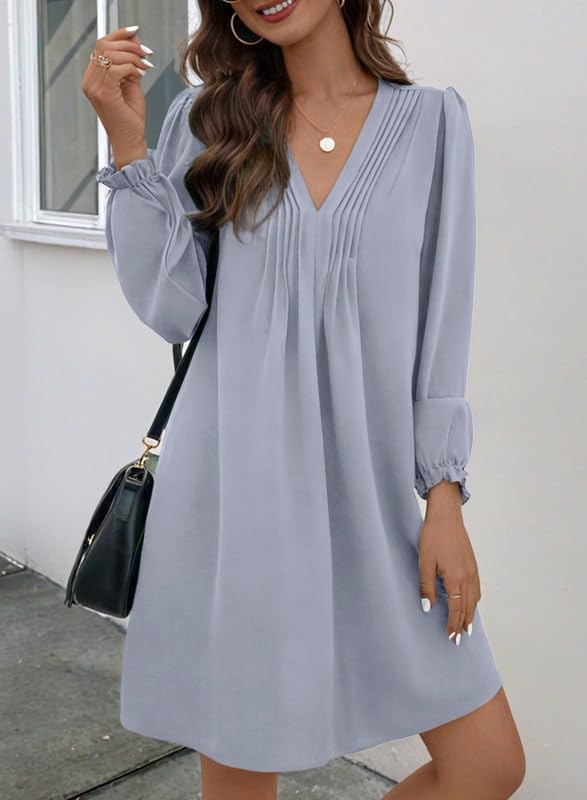 Image of Dokotoo Womens Casual Dress A-Line Ruffle Sleeve V Neck Midi Dress 2025 Fashion Pleated Flowy Sundress Loose Shirt Dresses