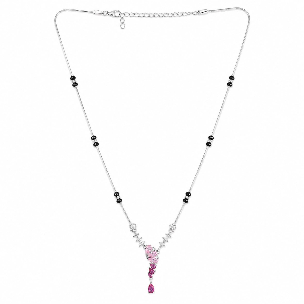 925 Sterling Silver Blush to Ruby Love Mangalsutra for Women | Rhodium-Plated Silver Chain with Black Beads & Zircon Teardrop Crystal Pendant | Pink Ombre Stone V-Shape Traditional Necklace-image-1