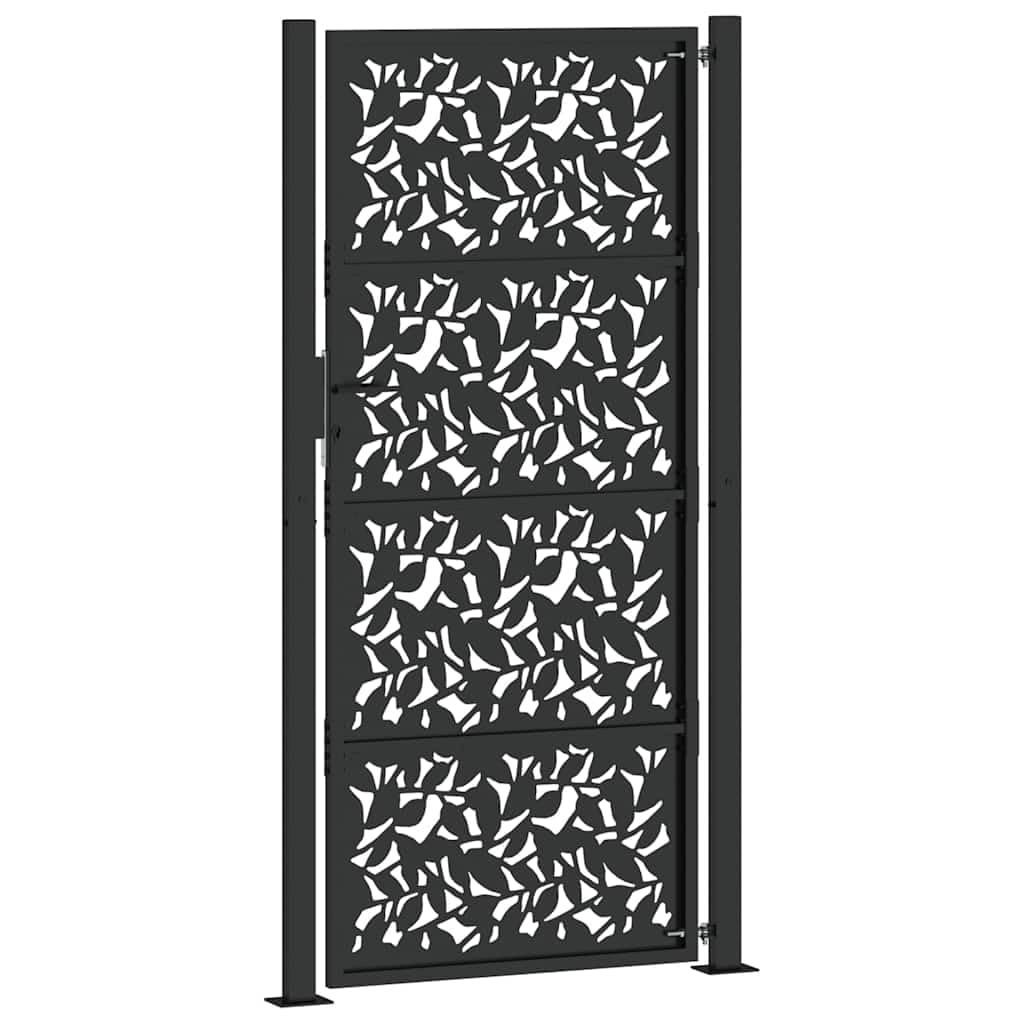 Czarna brama ogrodowa 100 x 200 cm ze stali kortenowej z wzorem liścia