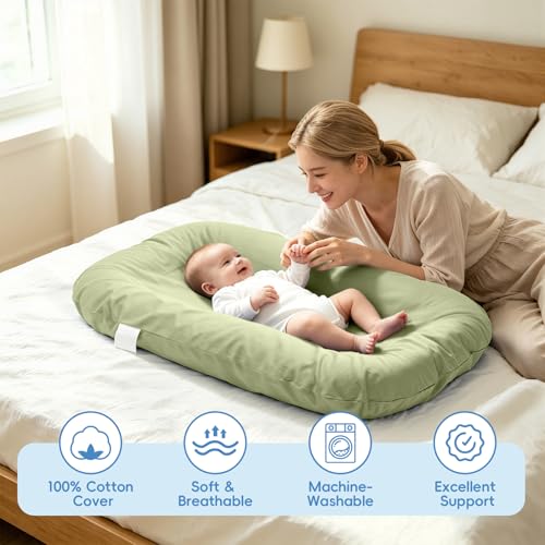 Image of Baby Lounger for Newborn 0-12 Months,100% Cotton Breathable Infant Lounger, Baby Shower Gift, Portable Lightweight Baby Nest for Home & Travel(Sage Green)