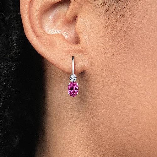 Gem Stone King 14K Yellow Gold Pink Created Sapphire and White Diamond Leverback Earrings For Women | 1.07 Cttw | Gemstone September Birthstone | Oval 6X4MM, Round 2MM | 3/4 Inch2