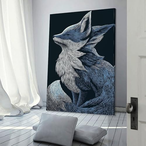 Peinture sur toile renard bleu et blanc POLIUAWS toile de décoration 30x45 cm