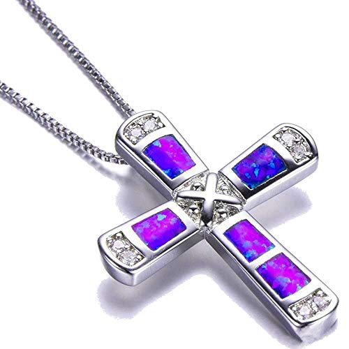 Platinum Plated Fire Opal Rhinestone Christian Cross Pendant Religious Necklace (Purple)