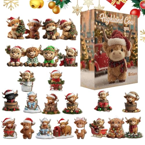 Juladventskalender 2025, 2D akryl juldekoration hänge 24 dagar, kalender Highland ko prydnad för fester, för vägg fönsterdörr träd bilväska inomhus sovrum fest