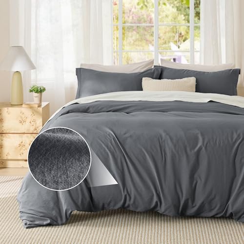 Image of Bedsure Textured Duvet Cover Queen Size - Cotton-Like Polyester Jacquard Duvet Cover Set for All Seasons - 3 Pieces Soft Bedding Set with 2 Pillow Shams, NO Comforter (Dark Grey, Queen, 90 inchx90 inch)