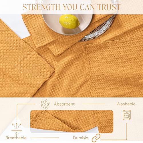 Image of Mustard Yellow Waffle Kitchen Dish Towels 100% Cotton, Soft, Absorbent, Quick Drying, Multipurpose Use, Bar & Hand Towels, 16x26 Inches, Durable, Machine Washable, Reusable, Set of 4