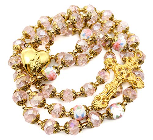 Nazareth Store Catholic Pink Crystal Beads Gold Rosary Flowers Beaded Necklace Holy Mary Heart Locket Medal & Cross Religious Amulet for Women4
