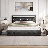 Benevika Queen Size Bed Frame with 4 Drawers and Charge Station, PU Leather Upholstered Bed with Adjustable LED Headboard, Wooden Slats Support, No Box Spring Needed, Black