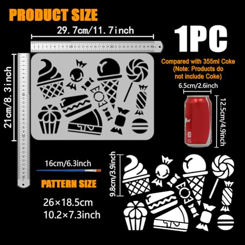 FINGERINSPIRE Desserts Stencils with a Paint Brush 11.7x8.3Inch Candy Lollipops Stencils Cake Ice Cream Pattern Stencil Macarons Painting Stencil Daily Themes Desserts Template for DIY Crafts - Thumbnail 3
