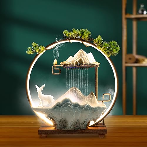 Headery Ceramic Tabletop Water Fountain - Indoor Waterfall Fountain with Incense Holder, LED Light for Home Office Decoration