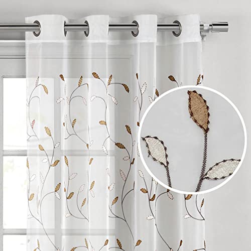 Creative Home Ideas Wavy Leaves, Embroidered Sheer Curtains, Includes 1 Leaf Curtain Panel - Window Drapes with Metal Grommets, 54" x 96", Sheer Vine White Curtain with Chocolate Leaves