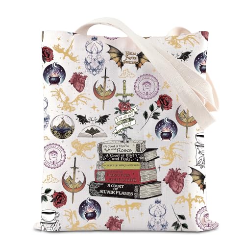 Acotar - Borsa tote ispirata al romanzo fantasy, idea regalo per gli amanti dei libri, idea regalo per amanti della Corte di spine e rose, regalo SJM, bianco, Large