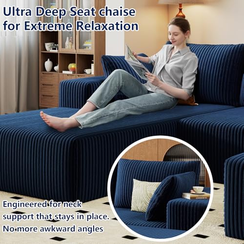 Image of 96 inch Modular Sectional Sofa with Ottoman, Modern Corduroy Cloud Couch with Deep Seat, Boneless Couch Upholstered 3-Seater U-Shaped Sofa for Living Room, No Assembly (Blue, Left-Facing Chaise)