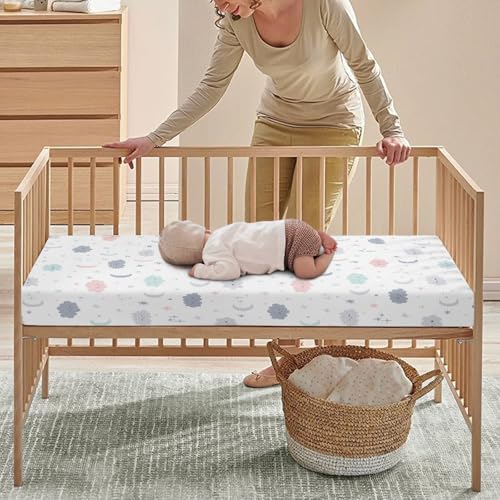 Image of Cloud Baby Crib Sheets for Boys Girls Colorful Fitted Crib Sheet for Standard Crib and Toddler Mattress Cute Moon Stars Baby Mattress Sheets Toddler Bed Sheet 52x28x8 in