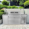 6-Burner 85000 BTU Stainless Steel Gas Outdoor Kitchen Bar Barbecue Modular Island Grill with Wine Cooler Compact Refrigerator + Rotisserie Kit + Granite Countertops + Storage Cabinets & Drawers