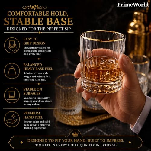 Image of PrimeWorld Timeless Gold Rim European Crystal Whiskey Glasses Set of 6 pcs- 355 ml Bar Glass for Drinking Bourbon, Whisky, Scotch, Cocktails, Cognac- Old Fashioned Cocktail Tumblers