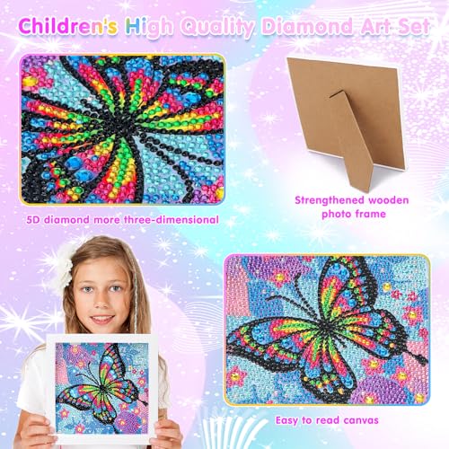 OWill 5D Diamond Painting Kit with Frame - Butterfly Animals Full Drill Art for Kids 6-12 Year Olds, DIY Educational Craft Gifts for Girls Boys Beginners, Christmas Birthday Party Activity (Blue) - Image 2
