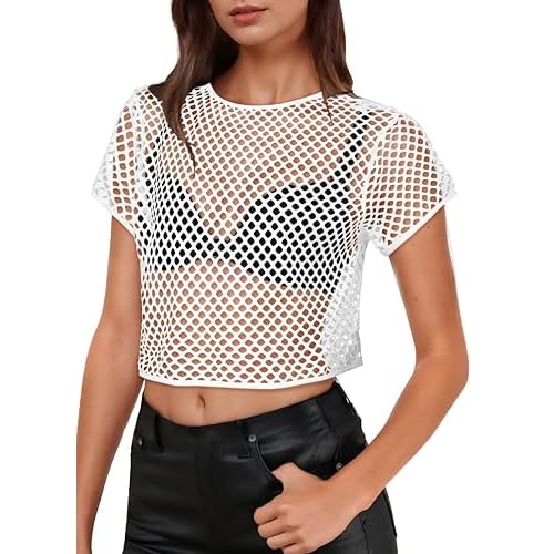 Womens Sheer Mesh Top Fishnet T Shirts Short Sleeve See Through Casual Crop Tops Medium A White