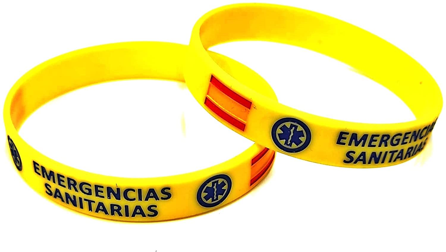 Pulsera de Goma de Silicona Gruesa Amarilla con Escudo y Bandera de Emergencias Sanitarias - 2 Unidades