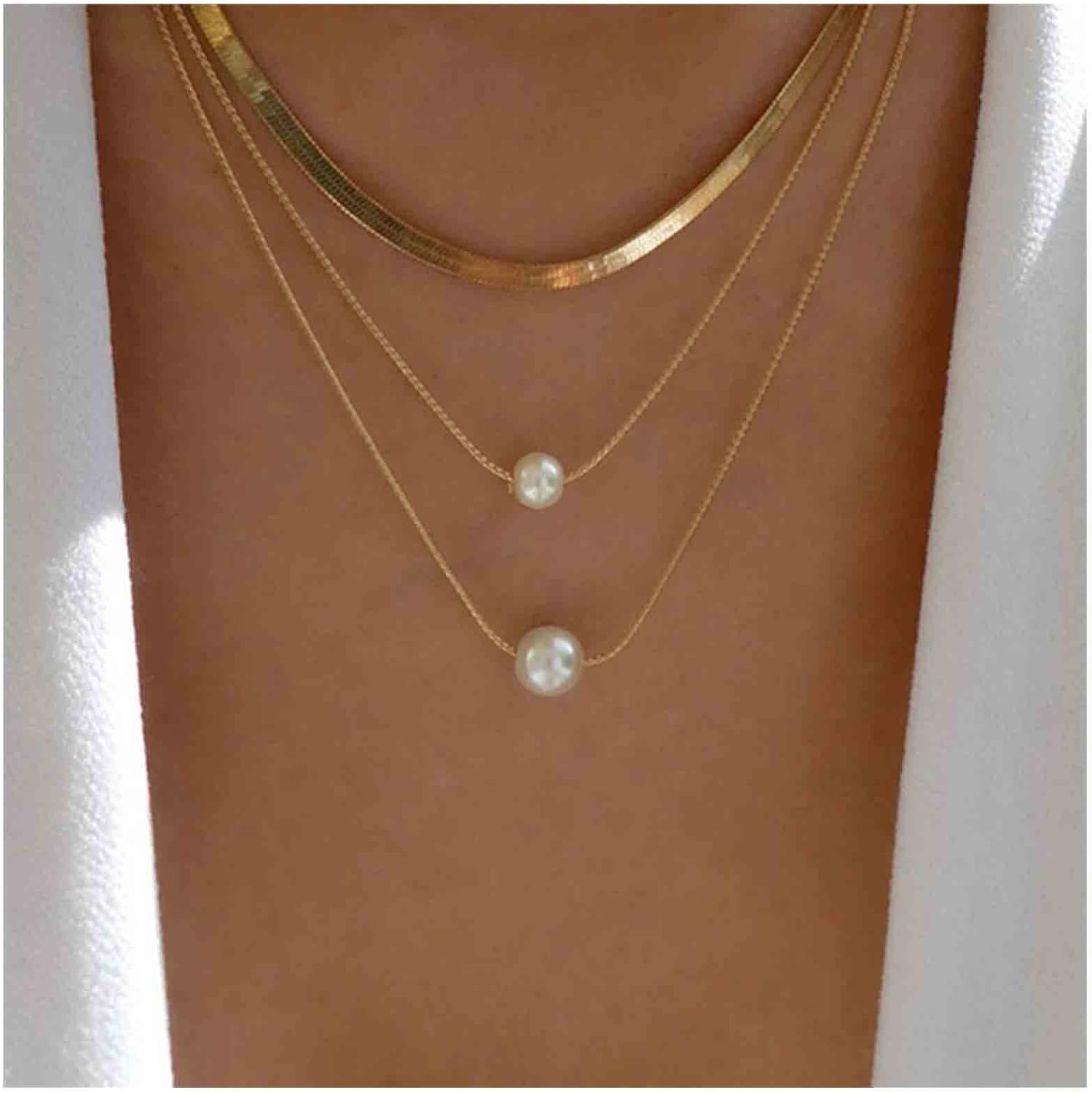 Boho Layered Pearl Necklace Flat Herringbone Chain Necklace Floating Pearl Choker Necklace Gold Snake Bone Necklace Chain Jewelry for Women - Image 2