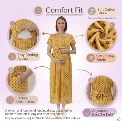 Image of Zero Clothing Feeding Dress for New Moms Casual Loungewear Ankle Length | Cotton Maternity Nighty | Zipless Feeding Dresses for Women | Pregnancy & Nursing Wear