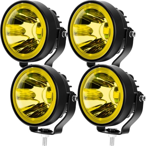 Copkim 4 Pack 4 Inch Round LED Lights 60W DC 12-48V LED Off Road Driving Fog Lights Waterproof Adjustable Mount Car Spotlight for ATV UTV SUV Pickup Motorcycle Truck Car Boat (Yellow)