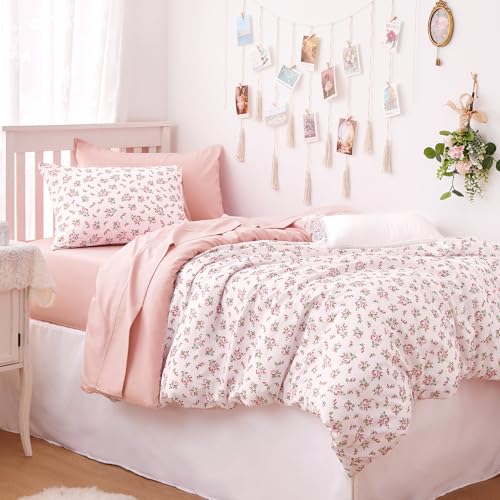 Image of Wake In Cloud - Twin /Twin XL Comforter Set, 3-Piece, Floral Shabby Chic Coquette Cottagecore Flower Light Blush Pink Green, Soft Lightweight College Dorm Bedding for Women Teen Kids Girls