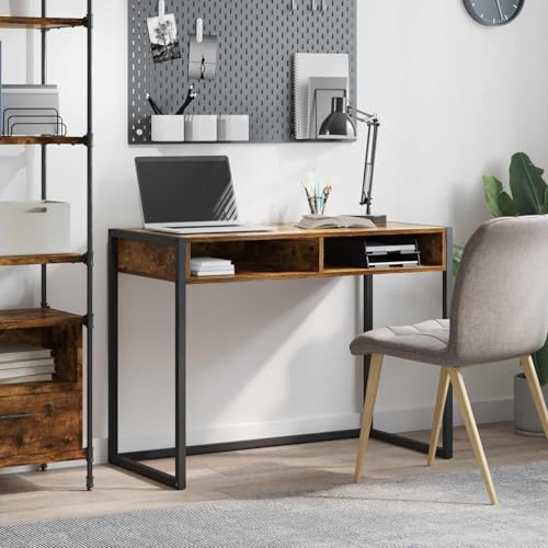 FWIKDUN Bureau en bois - 100 x 50 x 75 cm - Couleur fumée - Autonome - Pour espace de travail moderne - Style loft - Cadre stable - Plateau de table