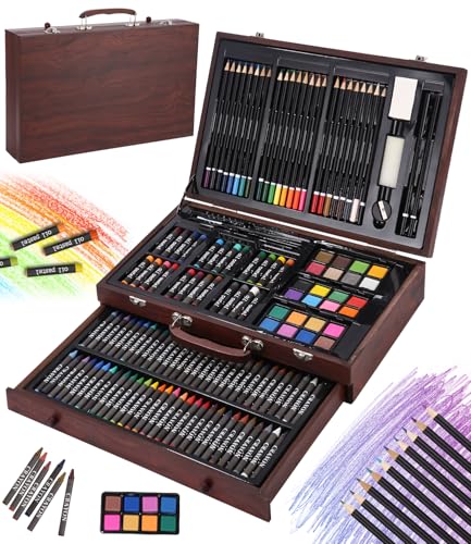 SOBEAU Malette Dessin, 140 Pièces Kit Dessin Enfant Adultes, Sets de Dessin, Mallette de Coloriage, Crayons de Couleur, Aquarelle, Pastels,Brun