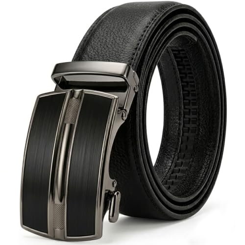 Image of JINIU Men's Ratchet Belt Buckle, Black Genuine Leather Slide Belt for Men Dress Suit, Micro Adjustable Trim to Fit Boxed