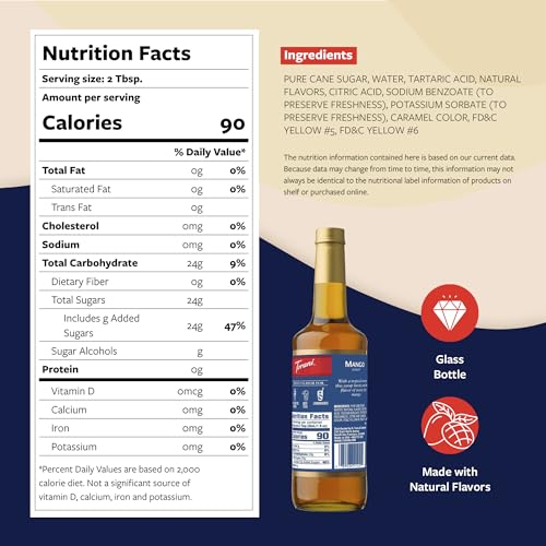 Image of Torani Mango Syrup for Drinks, Flavoring for Iced Tea, Lemonade, and Sodas, Glass Bottle with Pump Included, 25.4 Fl Oz