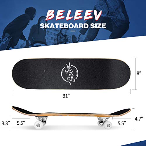 Beleev Skateboards For Beginners, 31 Inch Complete Skateboard For Kids Teens Adults, 7 Layer Canadian Maple Double Kick Deck Concave Cruiser Trick Skateboard (Yellow) #TOP5