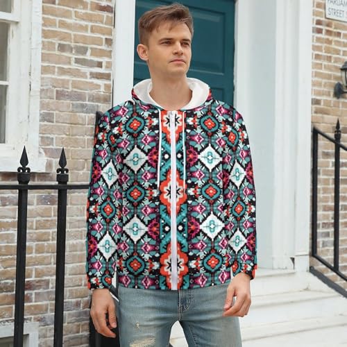 Native American Aztec Men's Zip Up Hoodie Casual Drawstring Hooded Sweatshirt with Kanga Pocket3
