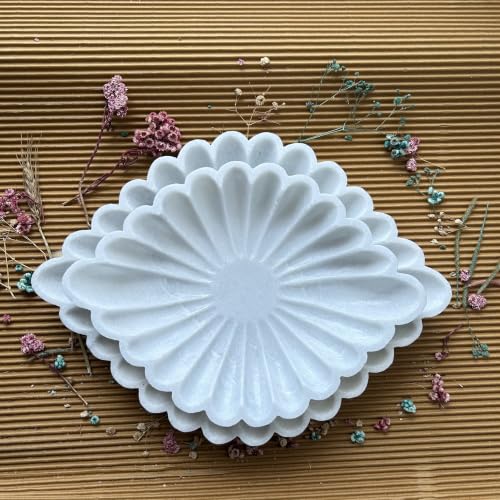 Image of Marble Urli Bowl for Decoration | Big Potpourri Decorative Bowls in Home decor | Large White Floating Flower Plates of Stone | Small Shape puja Item | (12 inch, Eye Scallop)