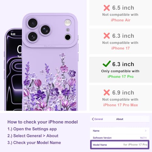 Image of Designed for iPhone 17 Pro Case Floral for Women Girls, Purple | Cute Oil Painting Flower Pattern Liquid Silicone Phone Case [Full Camera Protection] Slim Soft TPU Protective Cover