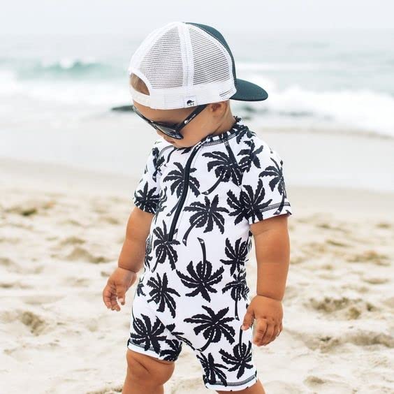 Newborn Infant Baby Boy Girls Shark One Piece Swimsuit Short Sleeve Zip Up Rash Guard Swimwear Sun Protection Bathing Suits (White(with hat),3-6 Months)