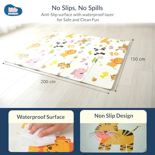 Image of Kids Station Double-Sided Waterproof Baby Playmat - Foldable, Portable & Reversible Foam Mat for Infants, Toddlers & Kids - Soft, Non-Slip, Easy-to-Clean Baby Crawling Mat for Indoor /Outdoor Use (200x150x0.8cm, Animal 1,2,3 Count & Coin Print)