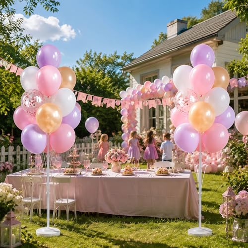 Image of Balloon Column Kit Set of 2,Anti-Tip Sand-Fill Base Balloon Tower Stand with 10 inch 26pc pink purple Confetti Balloons,Height Adjustable for Easter Birthday Wedding Bridal Party Decorations