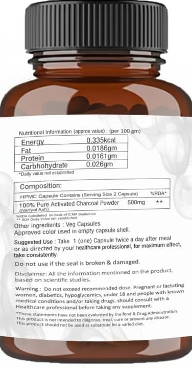 Activated Charcoal Veg Capsules 500mg - Natural Cleaner, and Teeth Whitening, Gluten-Free, High Absorbency Formula for Men and Women- 60 Veg Capsules