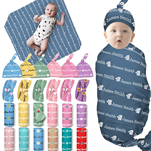 PFTPOW Personalized Swaddle Blanket Baby Boy Girl with Bow Headband and Hat Set Custom Baby Blanket with Name Customized Baby Gifts