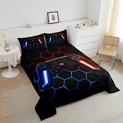 Gaming Comforter Sets for Boys Kids Gamer Bedding Sets Twin Size,Teens Gradient Indigo Red Game Controller Down Comforter Bedroom Decor Hippie Geometric Honeycomb Quilted Duvet + 1 Pillow Sham 3 51bKT3ktwPL. AC