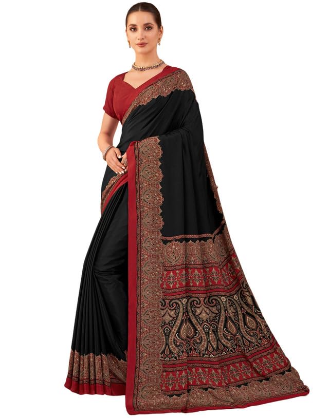 Image of SIRIL Women's Crepe Silk Printed Saree with Unstitched Blouse Piece