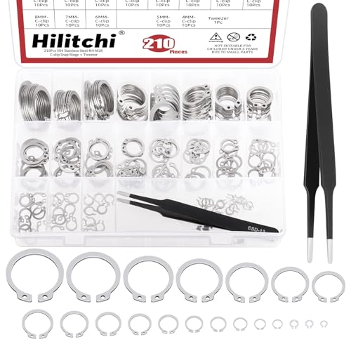 Hilitchi 211Pcs 21 Sizes C-Clip External Retaining Rings Snap Rings Assortment Kit Circlip Snap Rings 304 Stainless Steel C-Clip Set With Tweezers (M4-M28) for Moving Parts