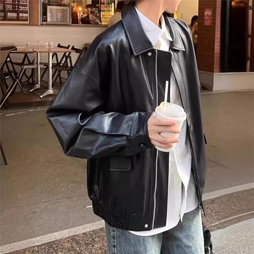 JEKE-DG Women's Vintage Lapel Comfort Coat Oversize Solid Faux Leather Coat Jacket Casual Zip Up Moto Biker Outerwear2