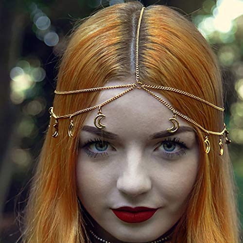 Ibliss Boho Layered Head Chain Headband Moon Headpieces Tassel Pendant Prom Head Accessories Jewelry for Women and Girls (Gold)