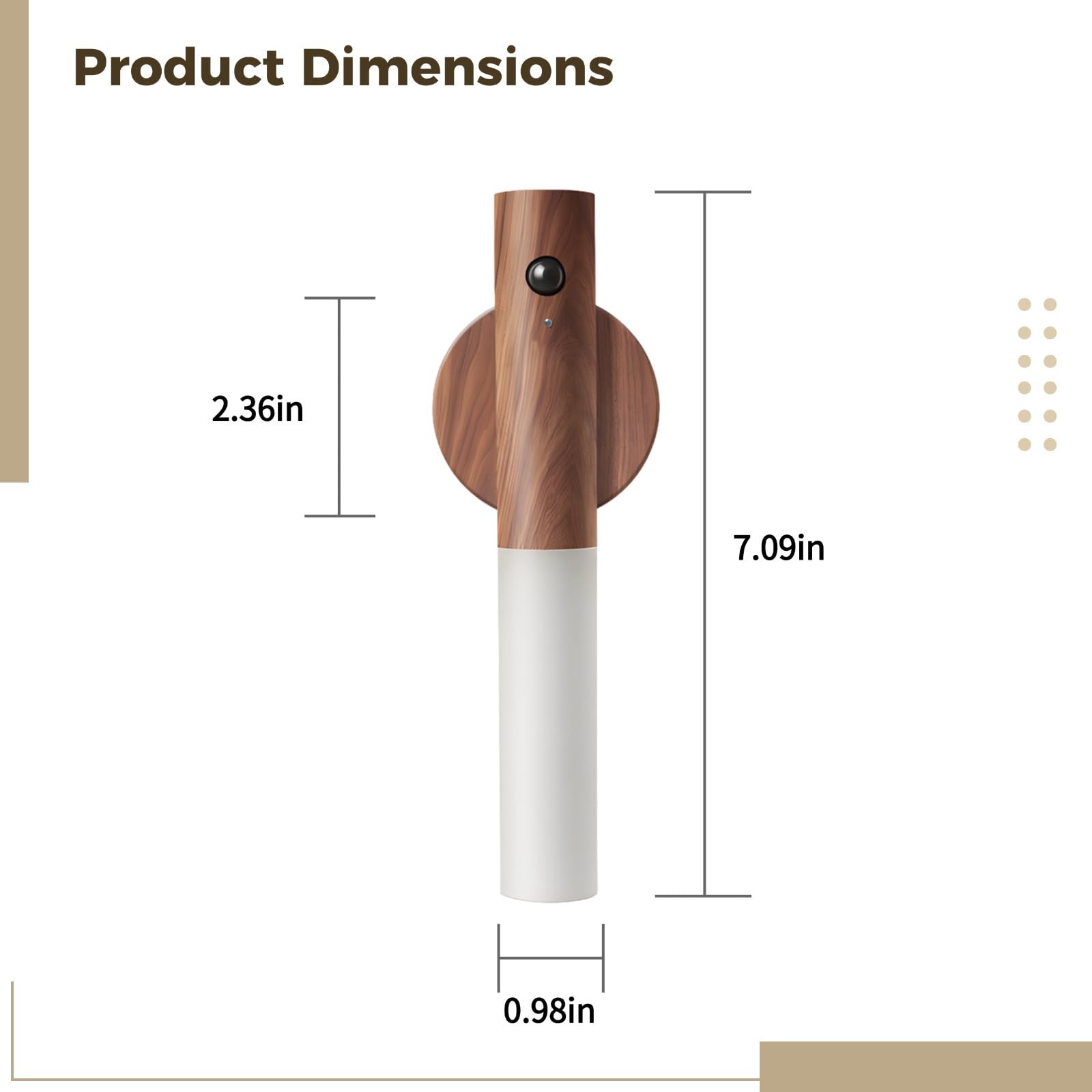 Lámpara de pared LED recargable con sensor de movimiento, blanco cálido, 120°, desmontable con base de madera para escalera